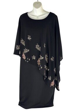 Kim Curvy Black Plus Size 16W Floral Chiffon Overlay Capelet Midi Dress Whimsigo